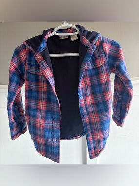L.L. Bean Navy & Pink Plaid Flannel Hooded Button Up Jacket